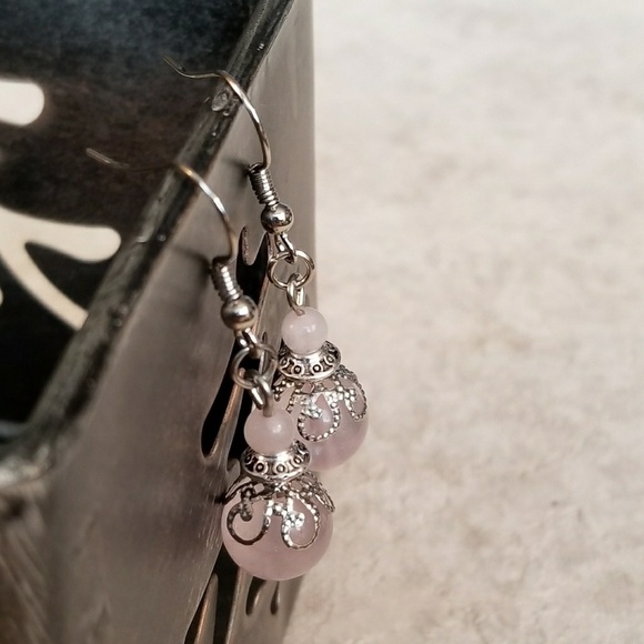 Victorian Lace Rose Quartz Gemstone Drop Earrings - Picture 3 of 4